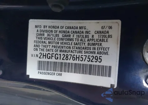 2006 Honda Civic Ex from USA, damaged, VIN 2HGFG12876H575295